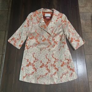 Banana Republic Silk Floral Trench Coat Button Coral Pink Metallic Sz medium